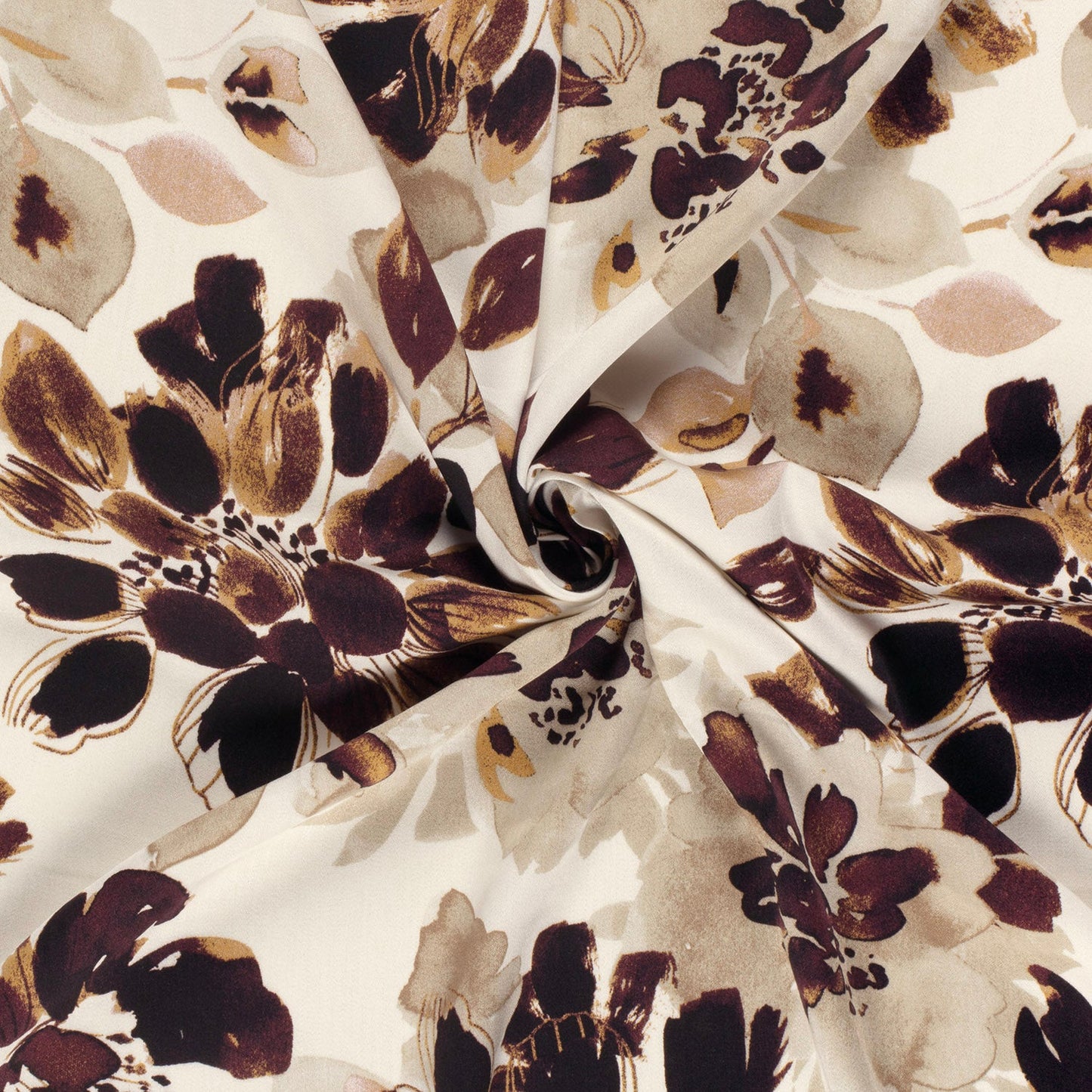 Viscose Satijn stof bedrukt Bloemen Camel