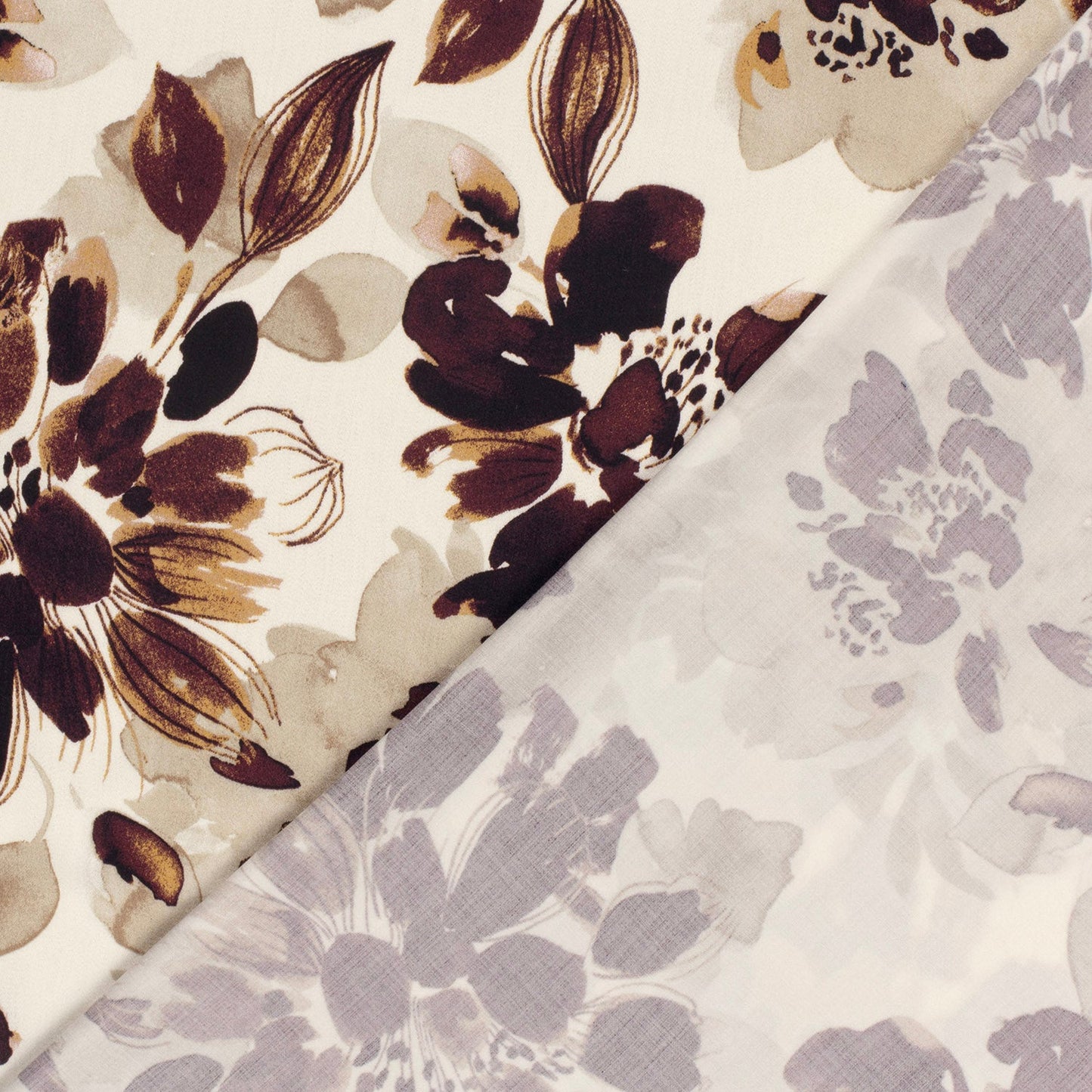 Viscose Satijn stof bedrukt Bloemen Camel