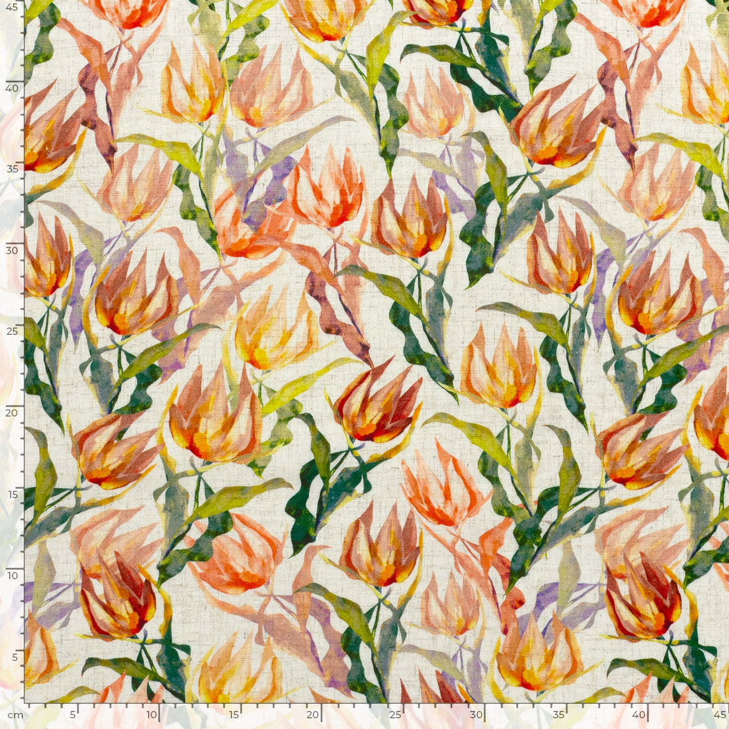 Geweven Viscose Linnen stof bedrukt Bloemen Oranje