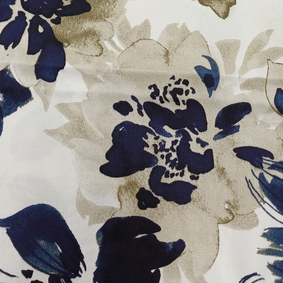 Viscose Satijn stof bedrukt Bloemen Camel