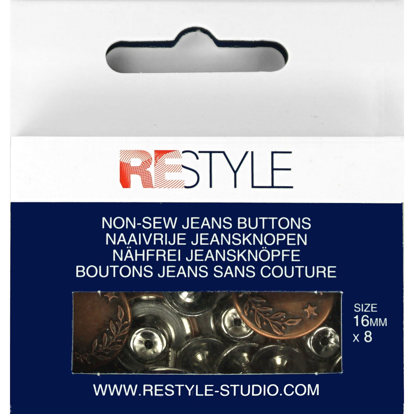 Restyle, Naaivrije jeansknopen, donker koperkleur