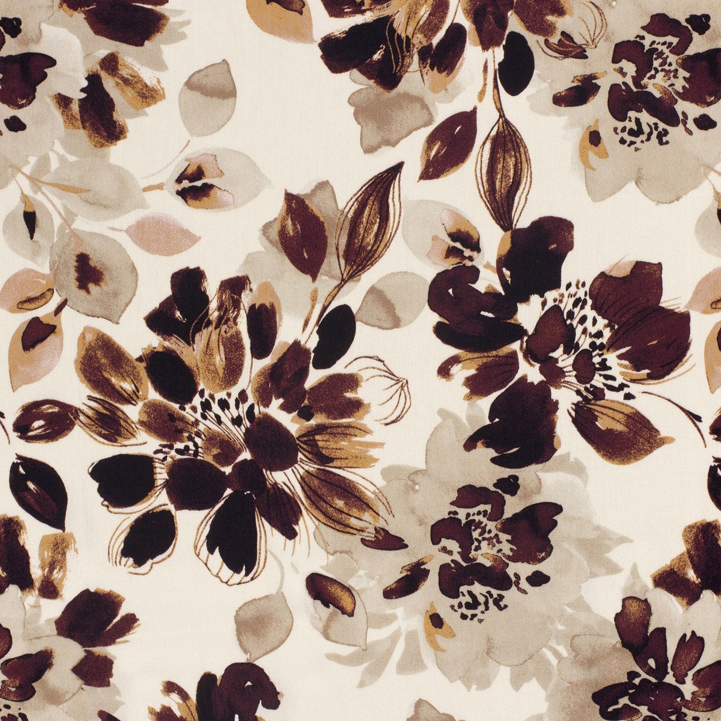 Viscose Satijn stof bedrukt Bloemen Camel