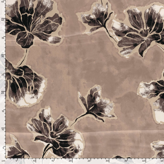 Satijn Duchesse stof bedrukt Bloemen Taupe grijs