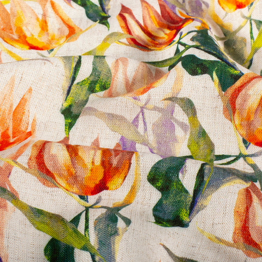 Geweven Viscose Linnen stof bedrukt Bloemen Oranje