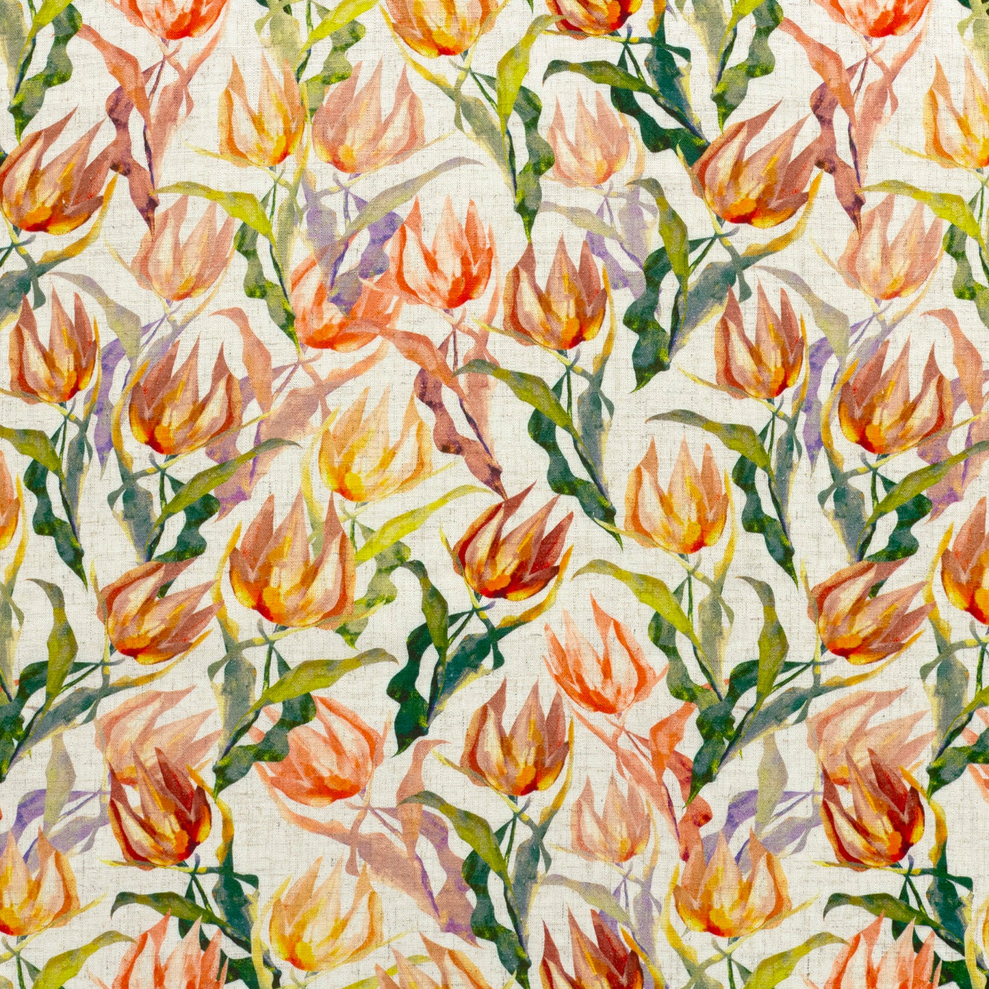 Geweven Viscose Linnen stof bedrukt Bloemen Oranje