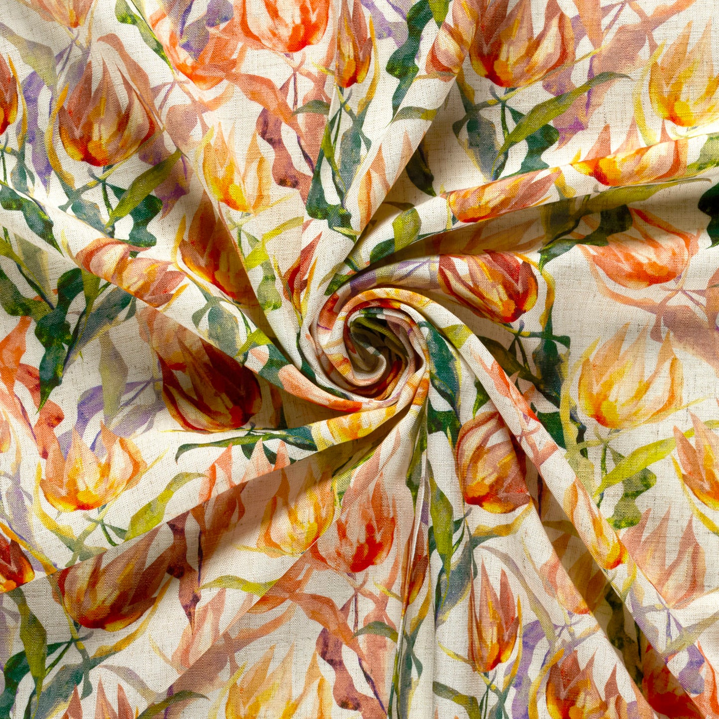 Geweven Viscose Linnen stof bedrukt Bloemen Oranje