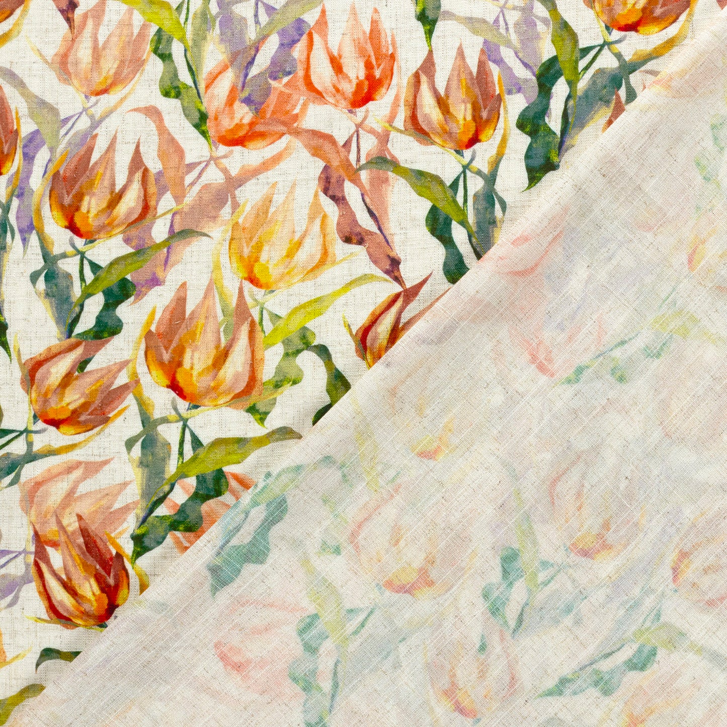 Geweven Viscose Linnen stof bedrukt Bloemen Oranje