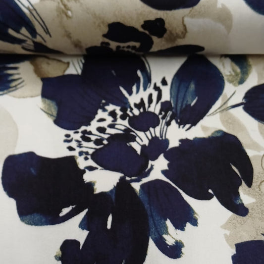 Viscose Satijn stof bedrukt Bloemen Camel